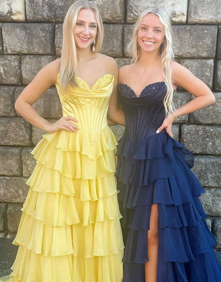 Blue A-Line Strapless Corset Tiered Long Prom Dress with Slit