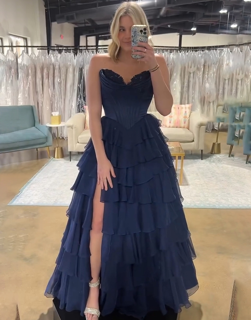 Blue A-Line Strapless Corset Tiered Long Prom Dress with Slit