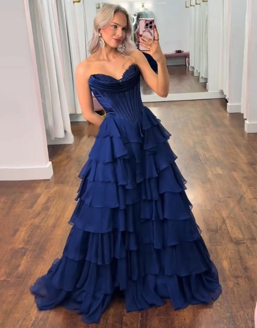 Orange Corset Tiered Strapless Ruffled Long Prom Dress with Slit