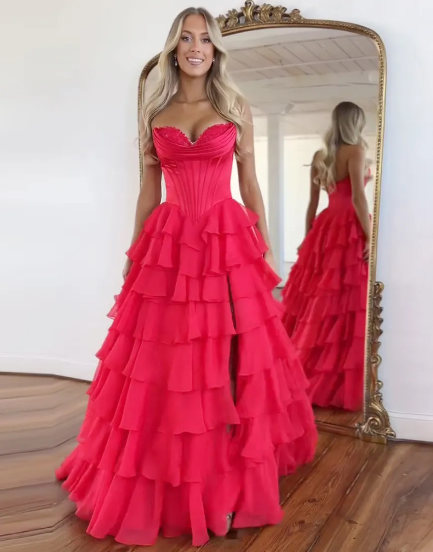 Orange Corset Tiered Strapless Ruffled Long Prom Dress with Slit