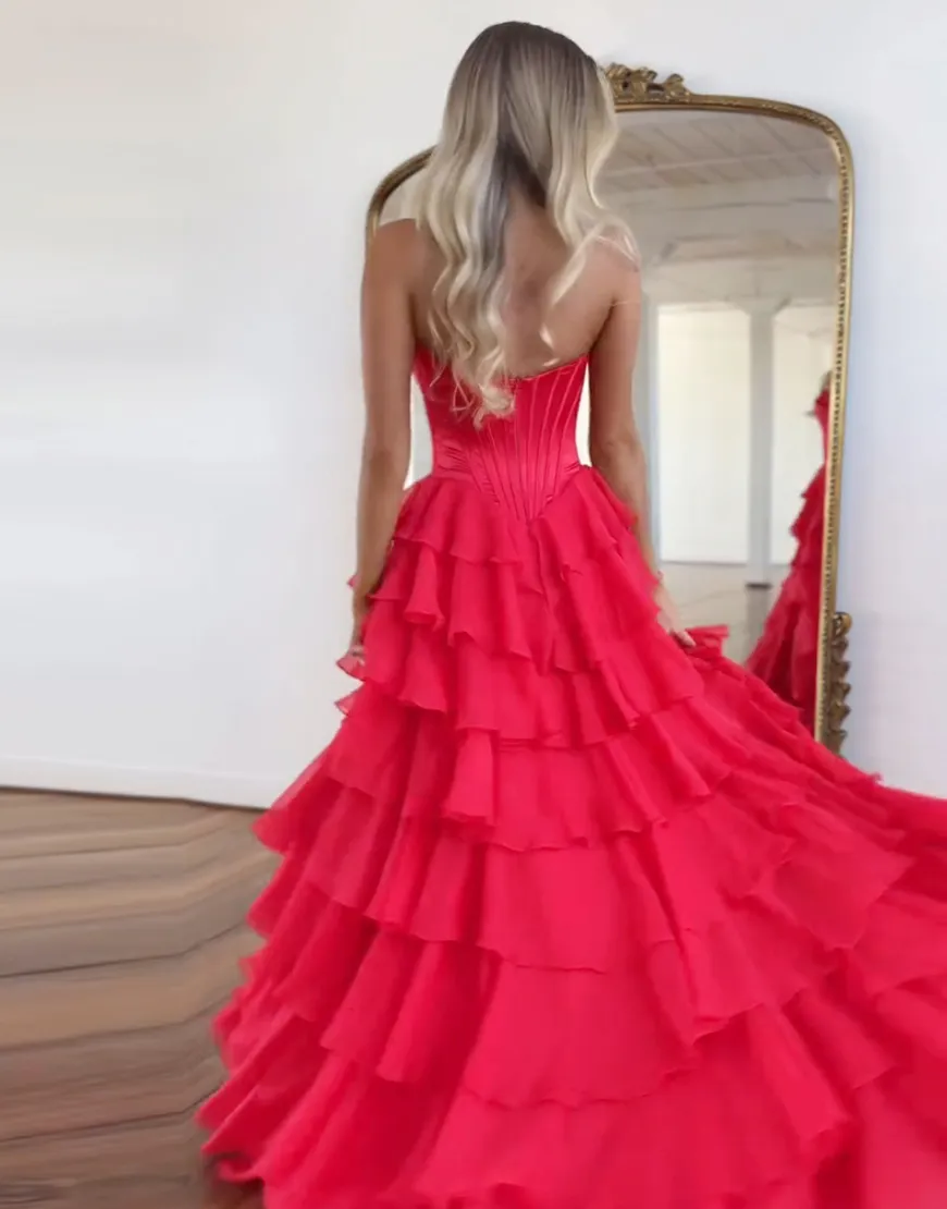 Orange Corset Tiered Strapless Ruffled Long Prom Dress with Slit