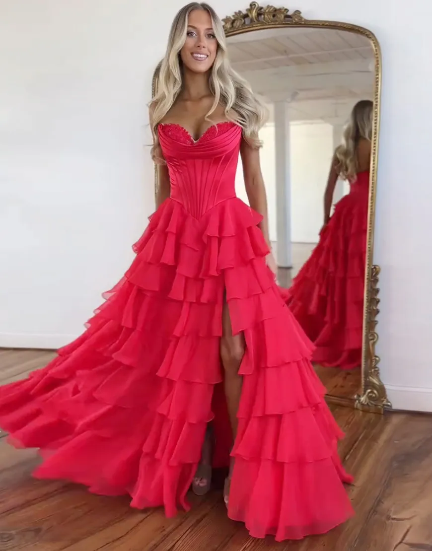 Orange Corset Tiered Strapless Ruffled Long Prom Dress with Slit