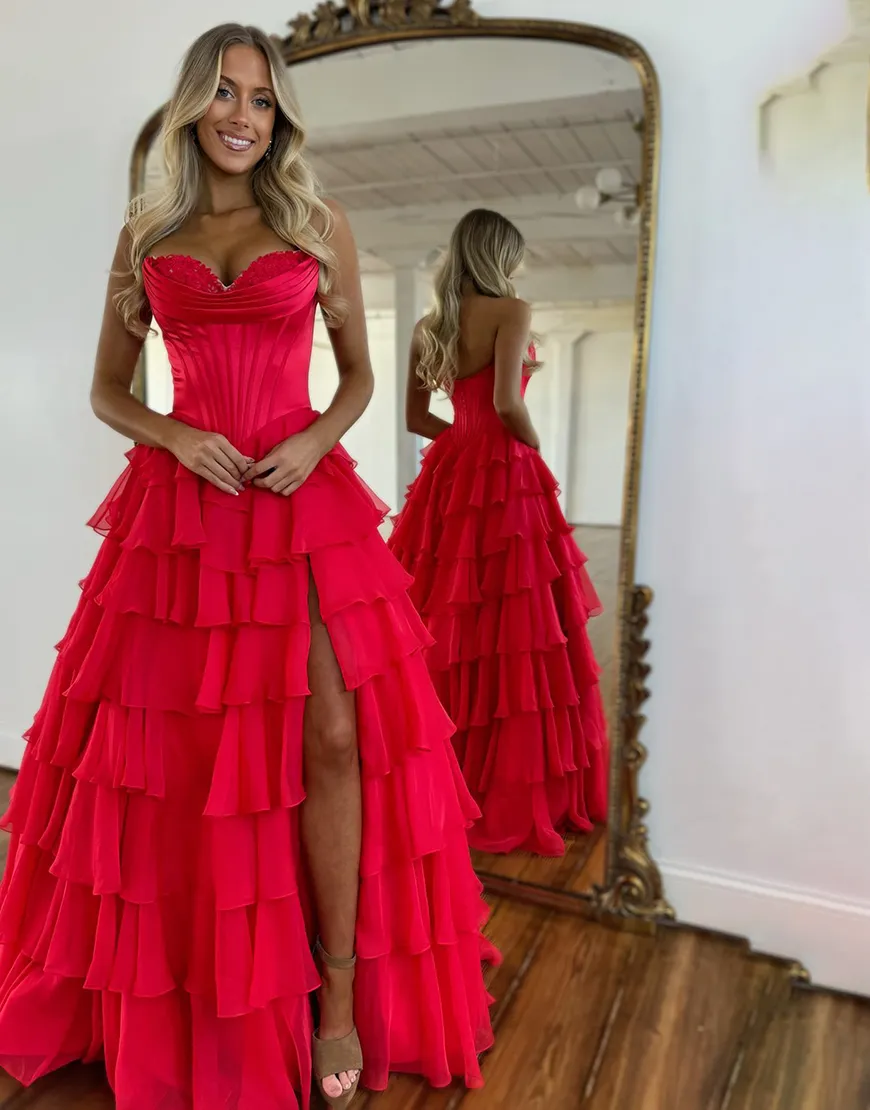 Orange Corset Tiered Strapless Ruffled Long Prom Dress with Slit