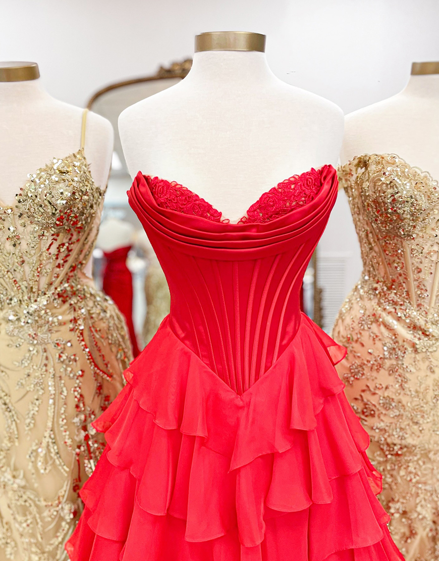 Yellow A-Line Strapless Tulle Chiffon Long Corset Prom Dress with Slit