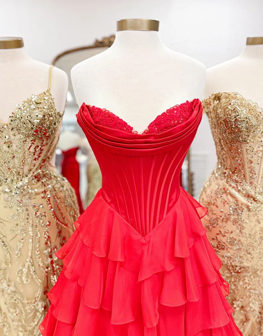 Orange Corset Tiered Strapless Ruffled Long Prom Dress with Slit