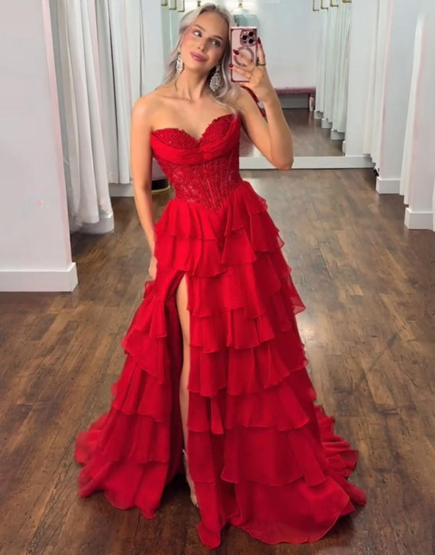 Orange Corset Tiered Strapless Ruffled Long Prom Dress with Slit
