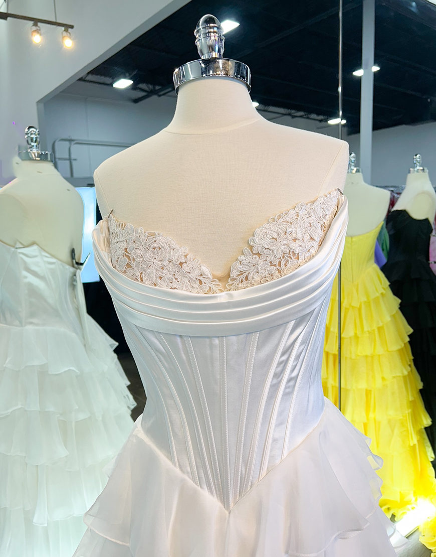 Yellow A-Line Strapless Tulle Chiffon Long Corset Prom Dress with Slit