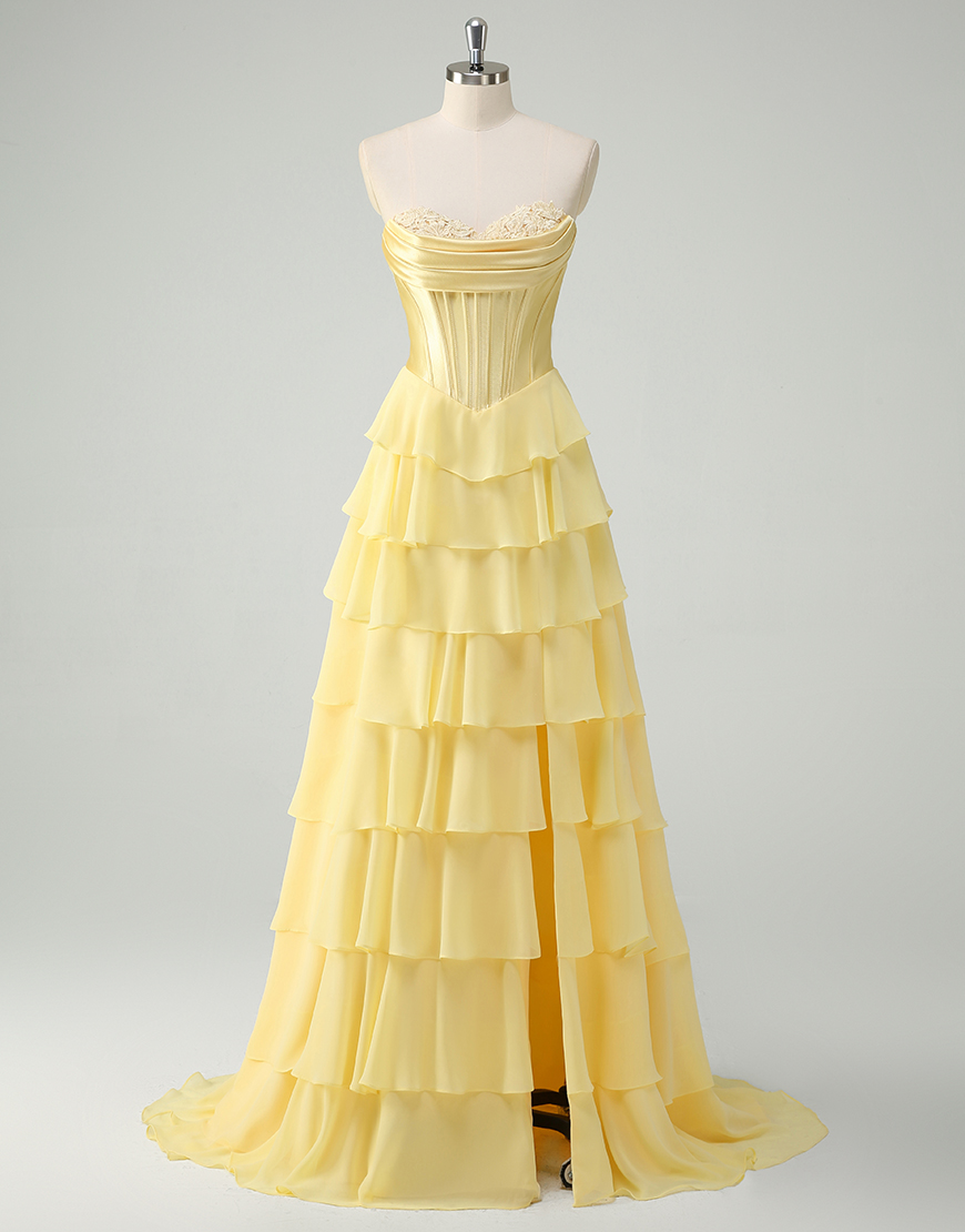 Yellow A-Line Strapless Tulle Chiffon Long Corset Prom Dress with Slit