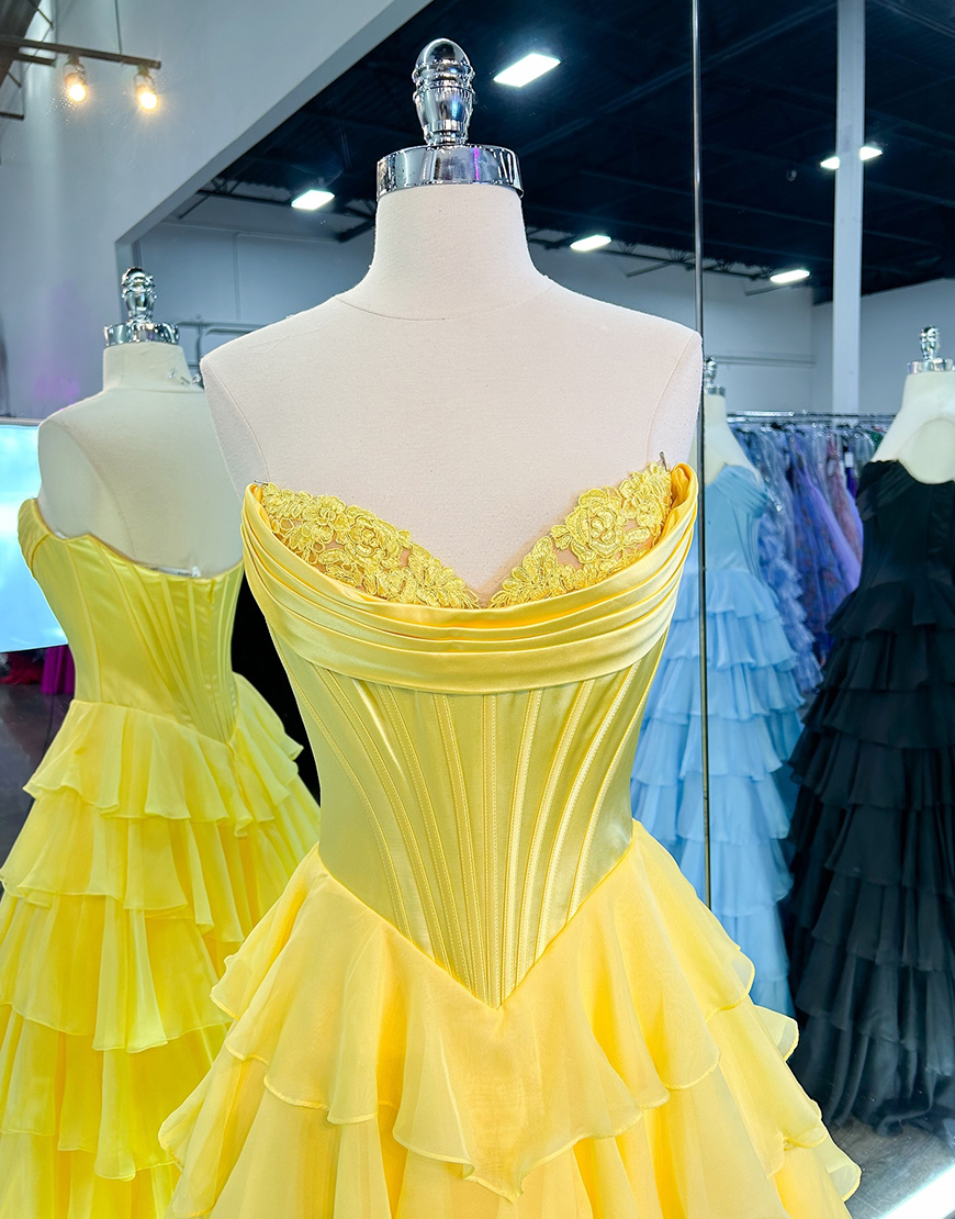 Blue A-Line Strapless Corset Tiered Long Prom Dress with Slit