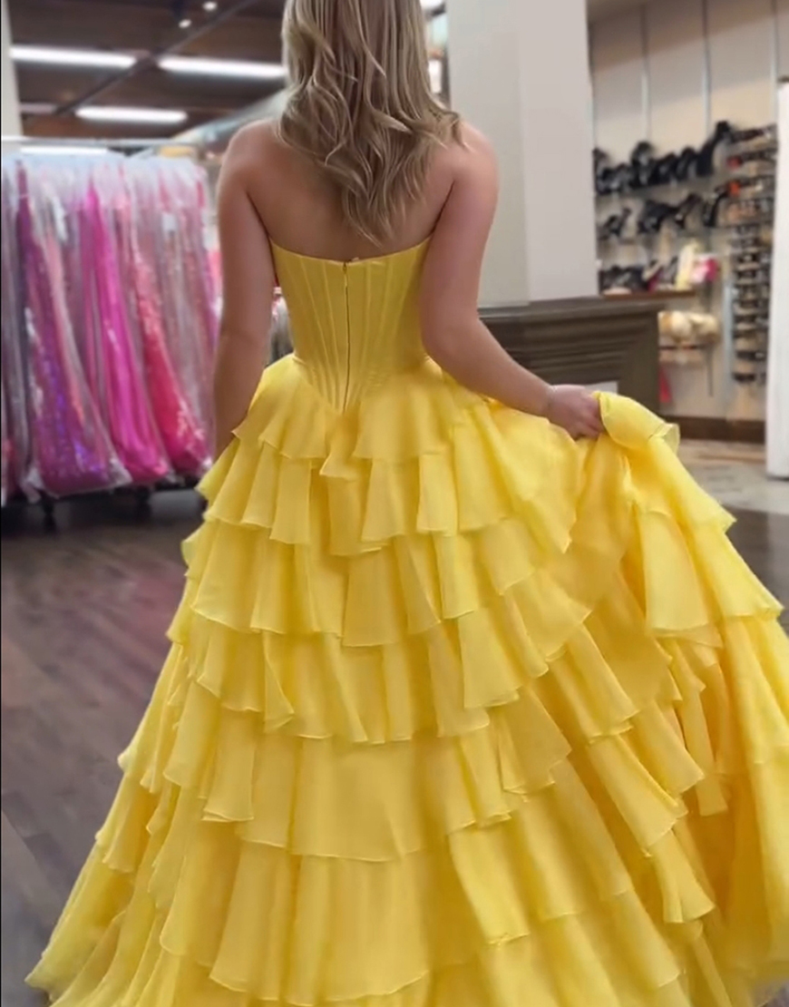 Blue A-Line Strapless Tiered Corset Long Prom Dress with Slit