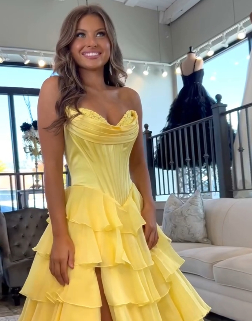 Princess Blue A-Line Strapless Corset Tiered Long Prom Dress with Slit