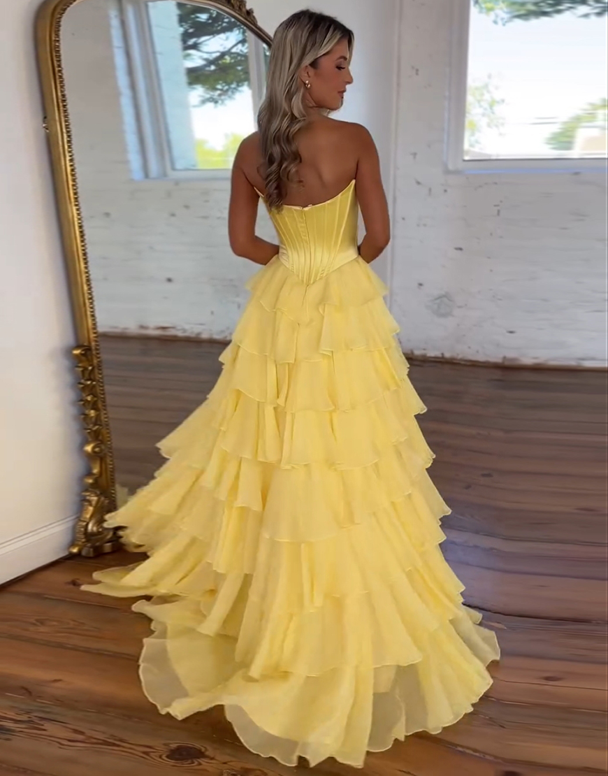 Blue A-Line Strapless Corset Tiered Long Prom Dress with Slit