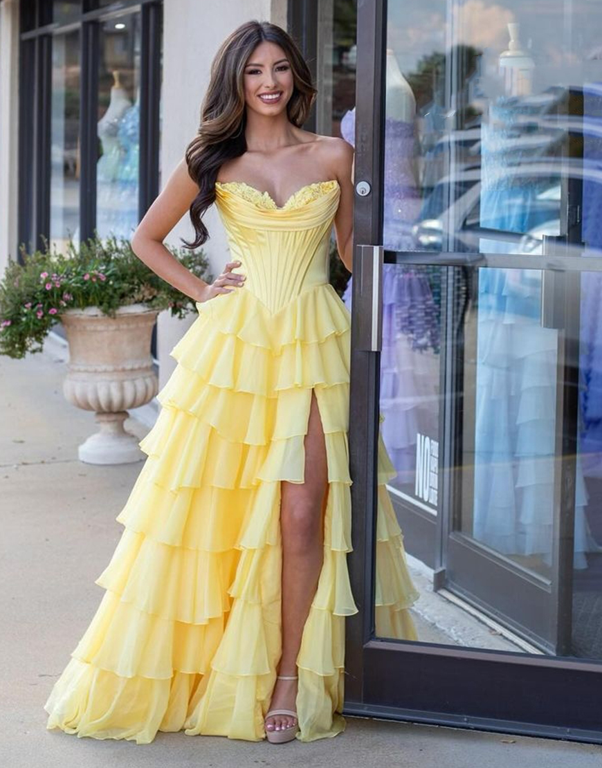 Blue A-Line Strapless Corset Tiered Long Prom Dress with Slit