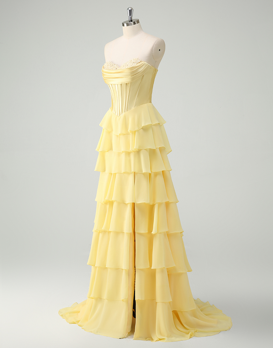 Yellow A-Line Strapless Tulle Chiffon Long Corset Prom Dress with Slit