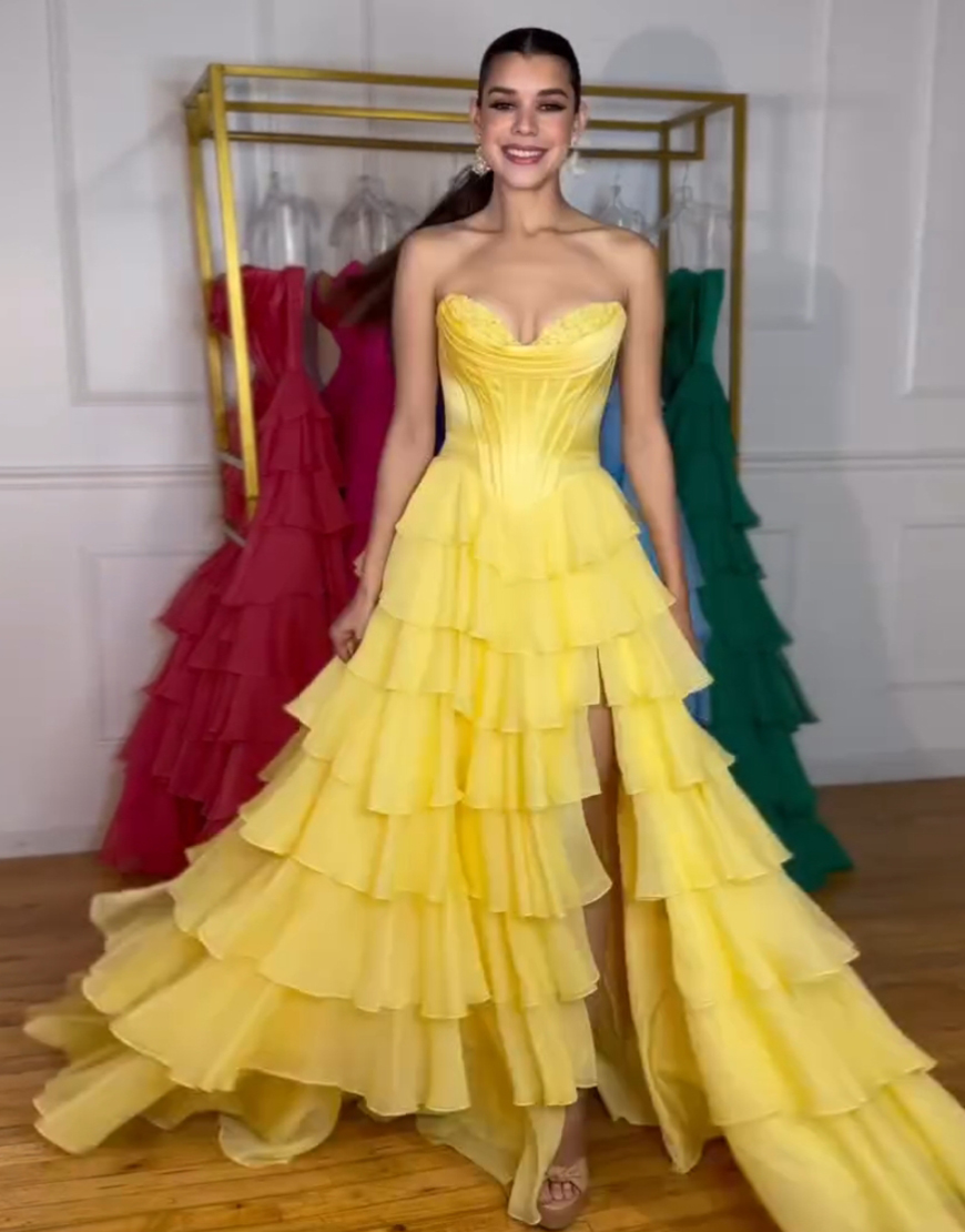 Princess Blue A-Line Strapless Corset Tiered Long Prom Dress with Slit