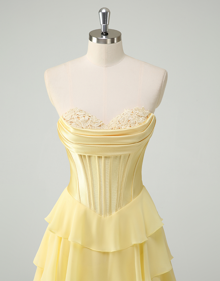 Yellow A-Line Strapless Tulle Chiffon Long Corset Prom Dress with Slit