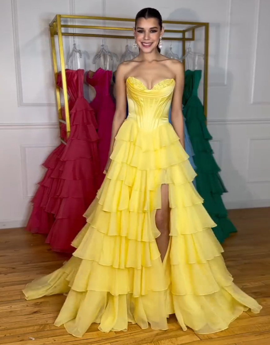 Princess Blue A-Line Strapless Corset Tiered Long Prom Dress with Slit