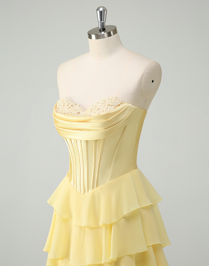 Yellow A-Line Strapless Tulle Chiffon Long Corset Prom Dress with Slit