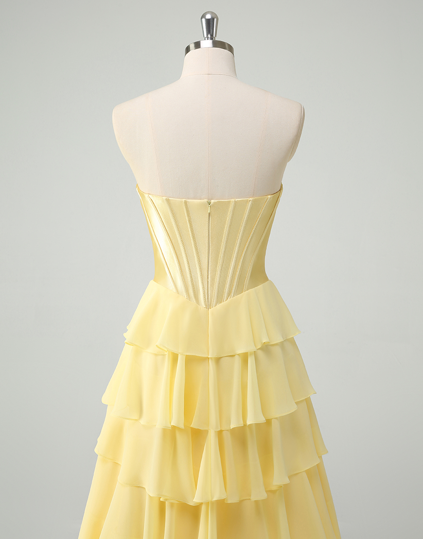 Yellow A-Line Strapless Tulle Chiffon Long Corset Prom Dress with Slit