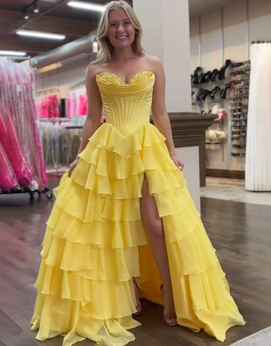 Blue A-Line Strapless Tiered Corset Long Prom Dress with Slit