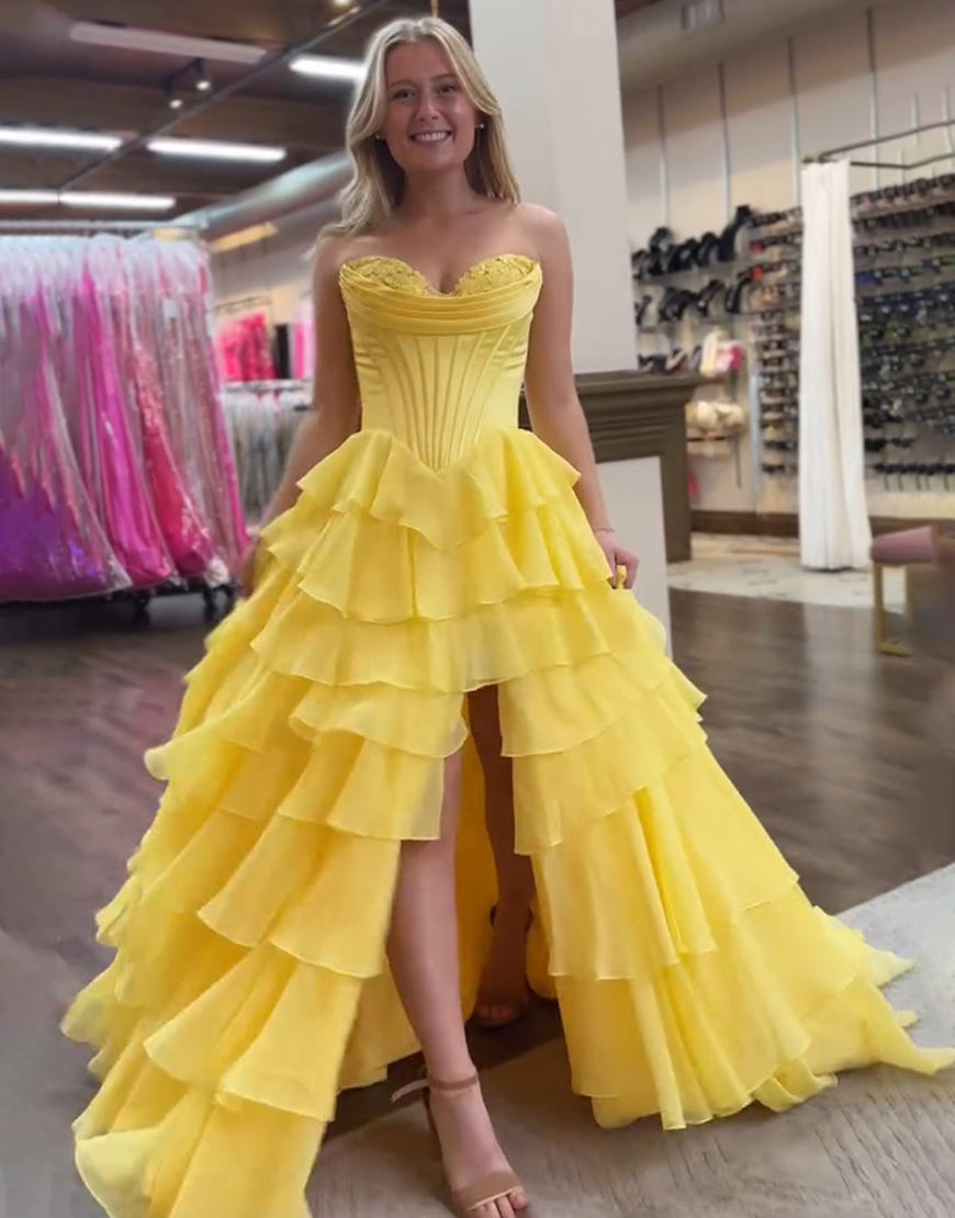 Blue A-Line Strapless Tiered Corset Long Prom Dress with Slit