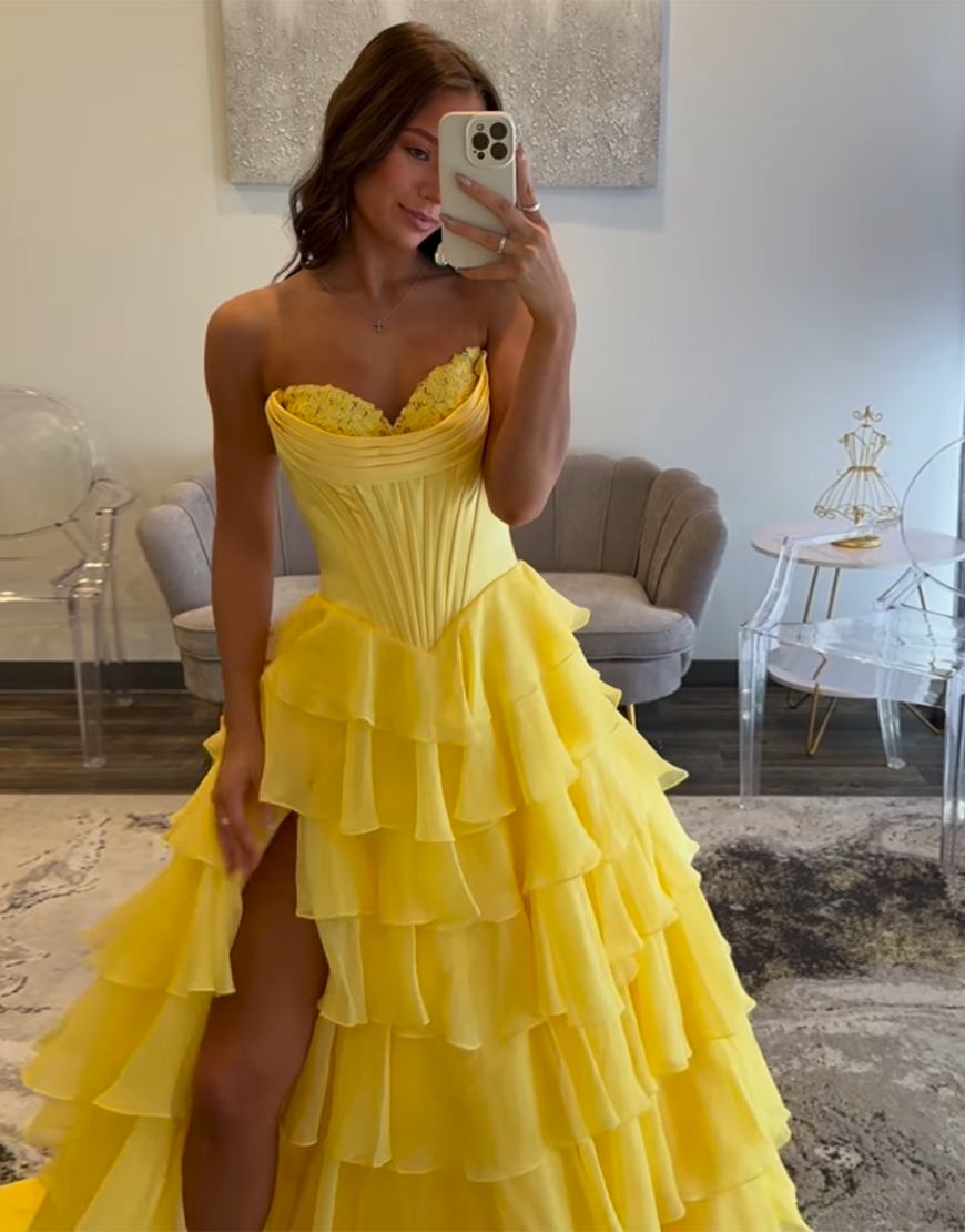 Princess Fuchsia A-Line Strapless Corset Tiered Long Prom Dress with Slit