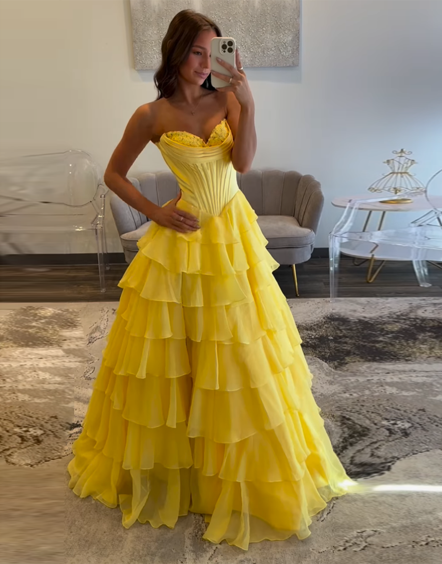 Princess Fuchsia A-Line Strapless Corset Tiered Long Prom Dress with Slit