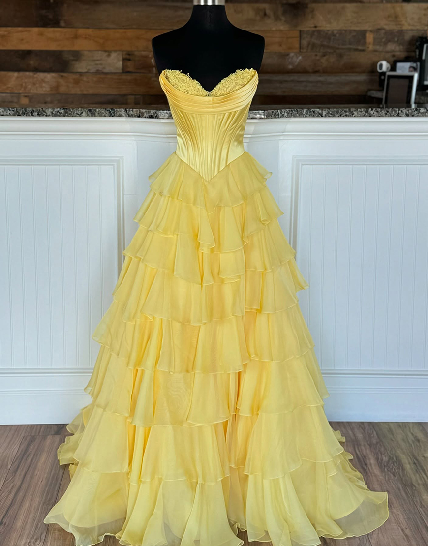 Blue A-Line Strapless Corset Tiered Long Prom Dress with Slit