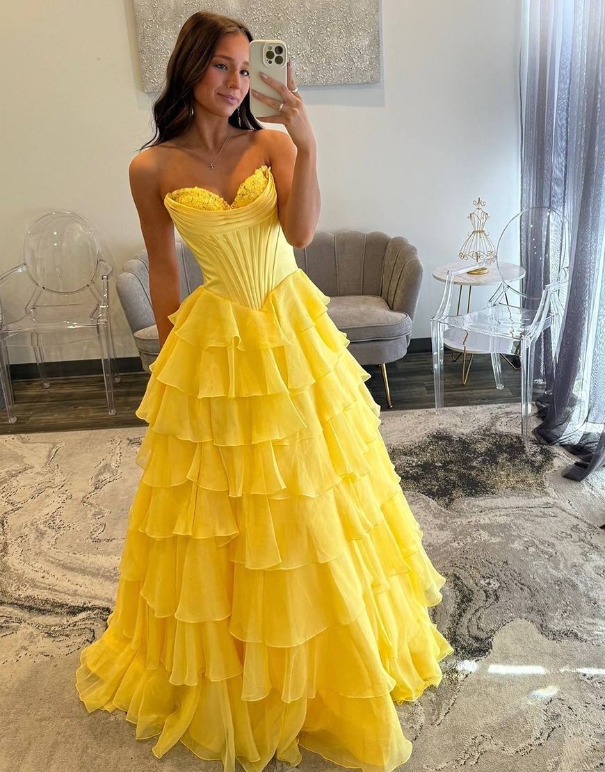 Princess Fuchsia A-Line Strapless Corset Tiered Long Prom Dress with Slit