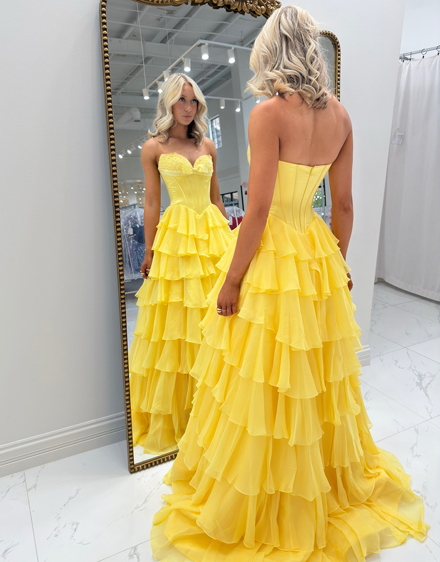 Fuchsia A Line Strapless Tiered Long Corset Prom Dress with Slit