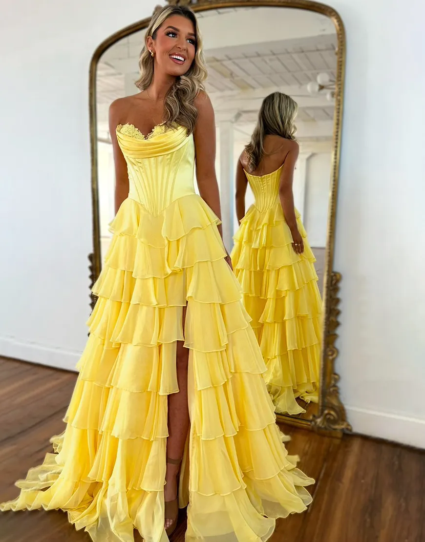 Orange Corset Tiered Strapless Ruffled Long Prom Dress with Slit