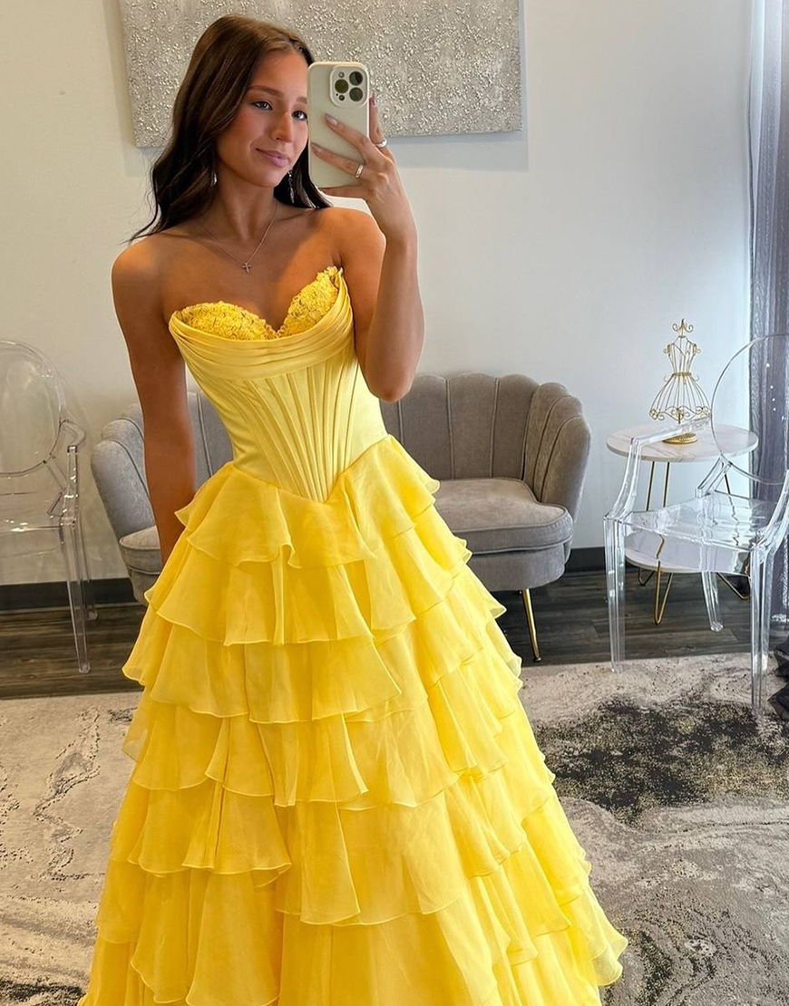 Black A-Line Strapless Corset Ruffles Long Prom Dress with Slit