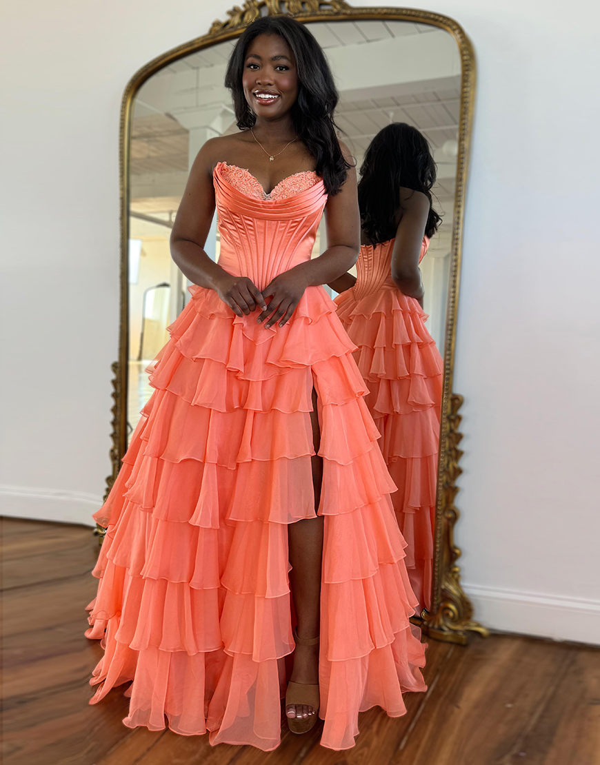 Black A-Line Strapless Corset Ruffles Long Prom Dress with Slit