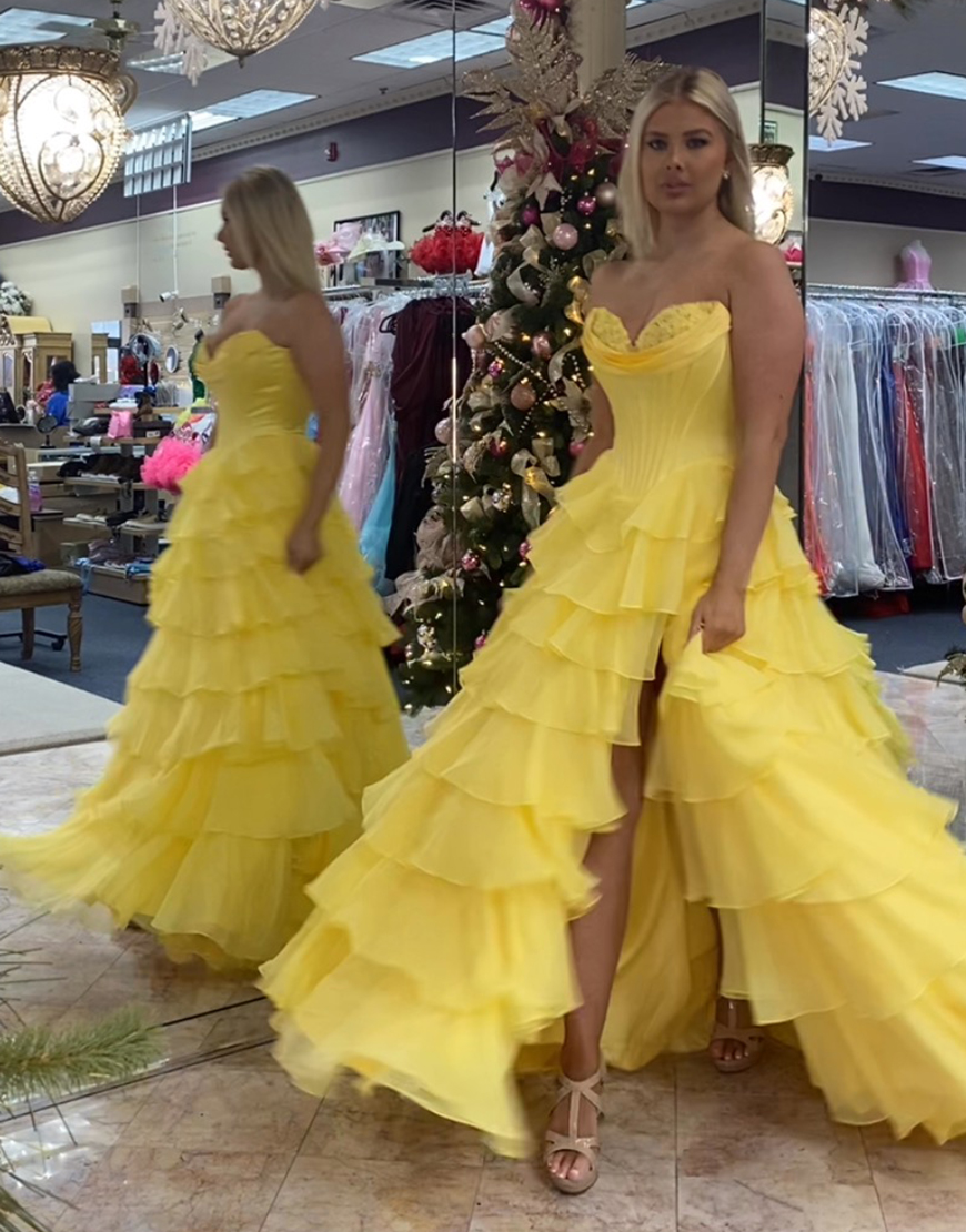 Blue A-Line Strapless Corset Tiered Long Prom Dress with Slit