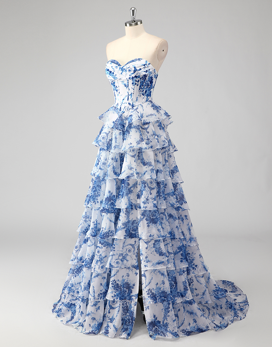 Berlinnova Women Puff Princess White Blue Flower Long Prom Dress A-Line Strapless Corset Ruffles Ball Gown with Slit