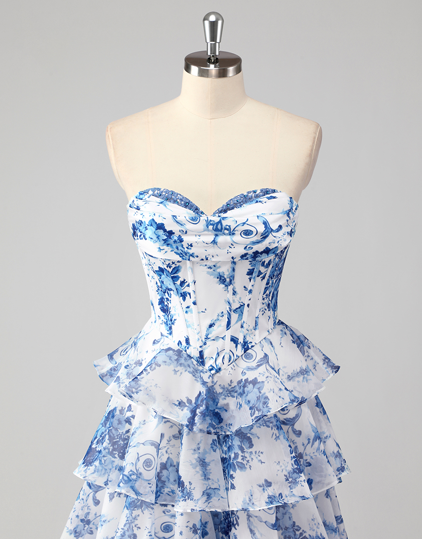 Berlinnova Women Puff Princess White Blue Flower Long Prom Dress A-Line Strapless Corset Ruffles Ball Gown with Slit