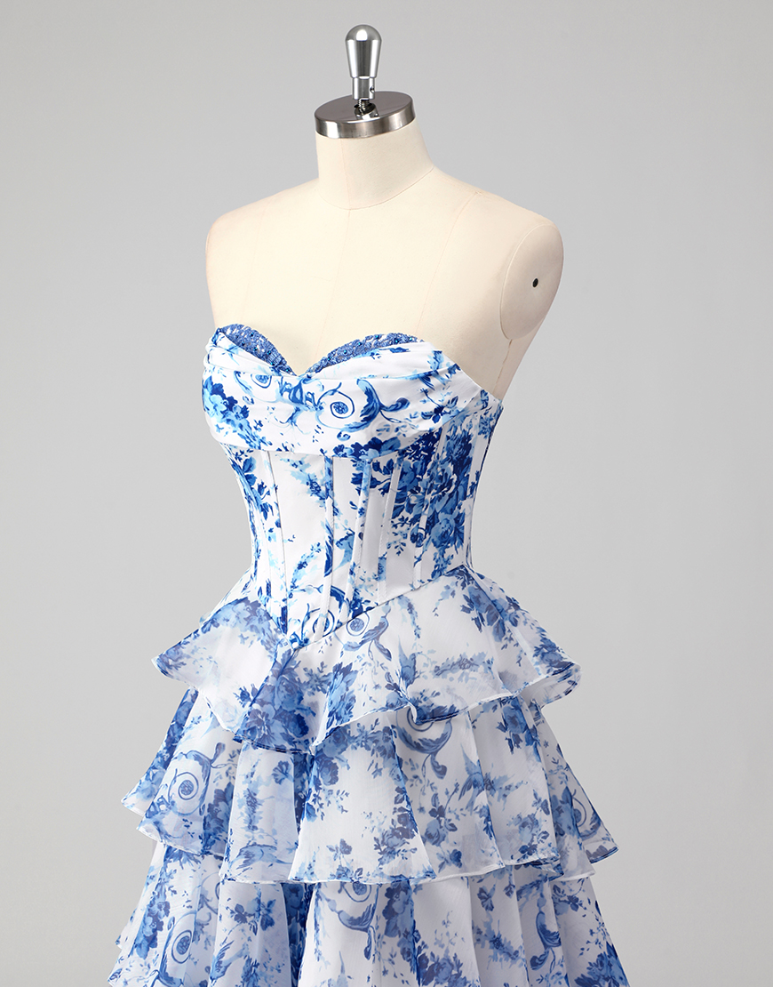 Berlinnova Women Puff Princess White Blue Flower Long Prom Dress A-Line Strapless Corset Ruffles Ball Gown with Slit