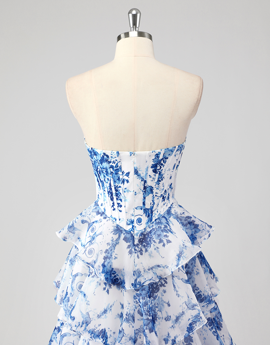 Berlinnova Women Puff Princess White Blue Flower Long Prom Dress A-Line Strapless Corset Ruffles Ball Gown with Slit
