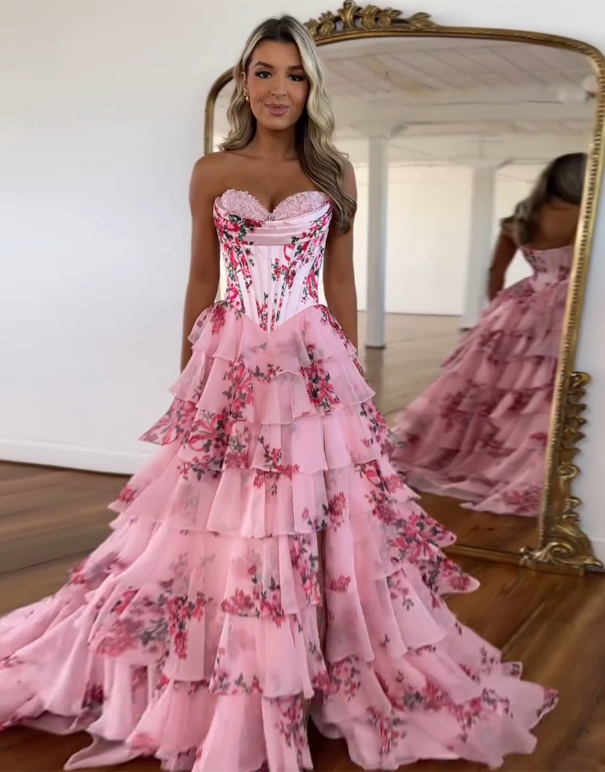 Berlinnova Women Blush Flower Long Prom Dress Ball Gown Strapless Corset Tiered Tulle Pageant Dress with Slit