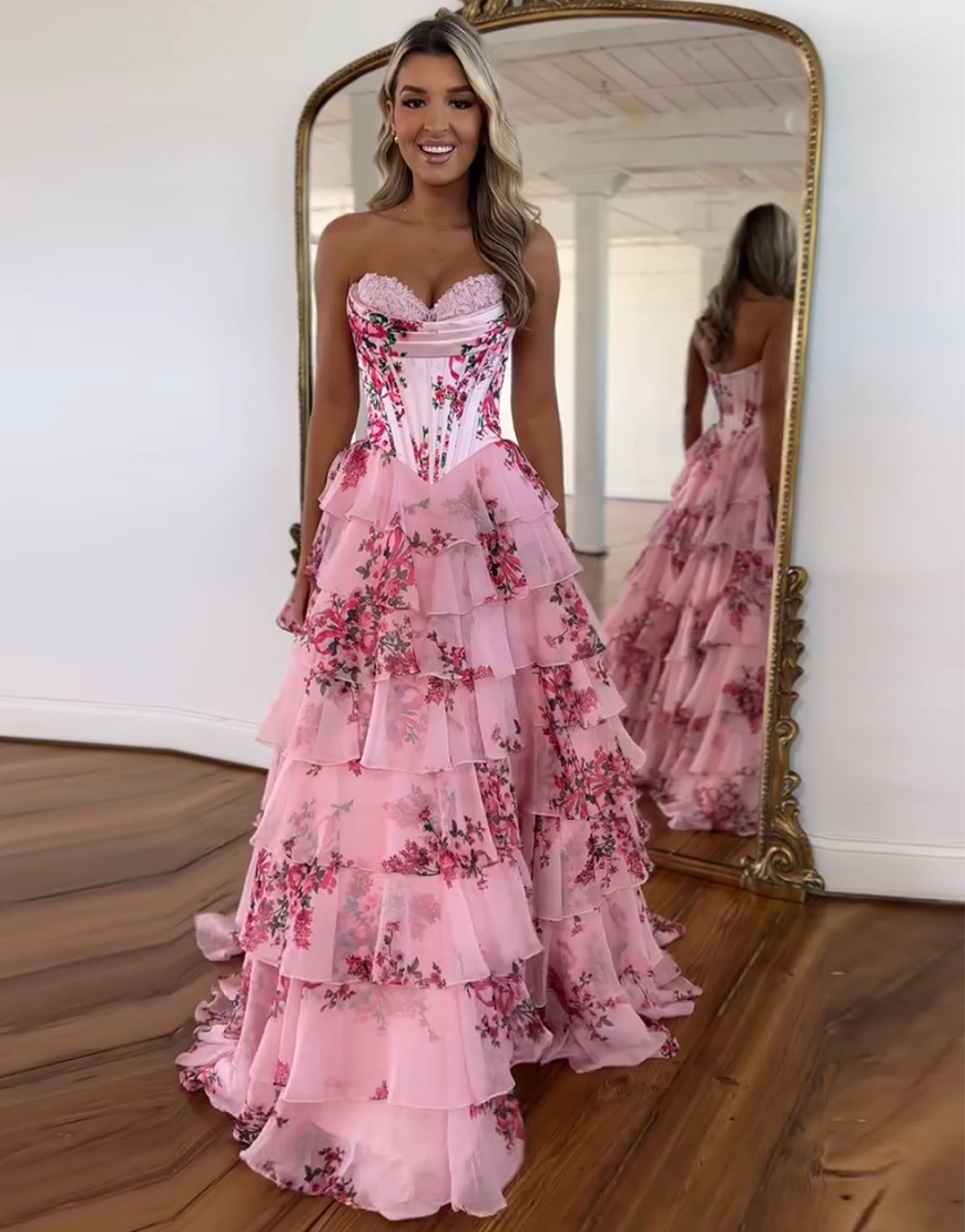 Berlinnova Women Blush Flower Long Prom Dress Ball Gown Strapless Corset Tiered Tulle Pageant Dress with Slit