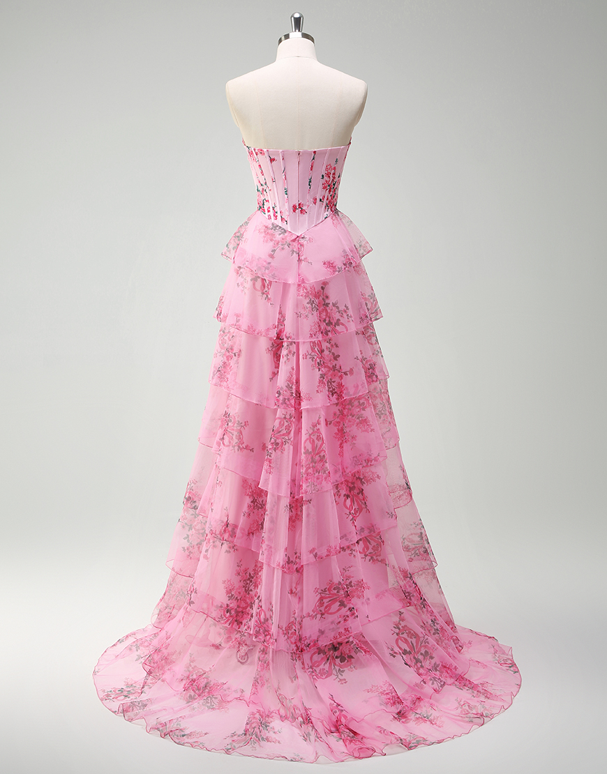 A-Line Blush Flower Strapless Corset Tiered Tulle Long Prom Dress with Slit