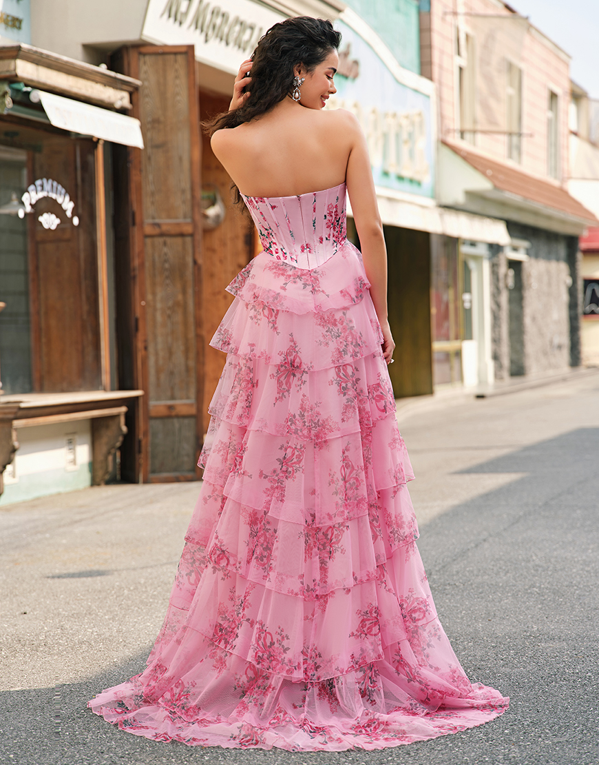 Berlinnova Women Blush Flower Long Prom Dress Ball Gown Strapless Corset Tiered Tulle Pageant Dress with Slit