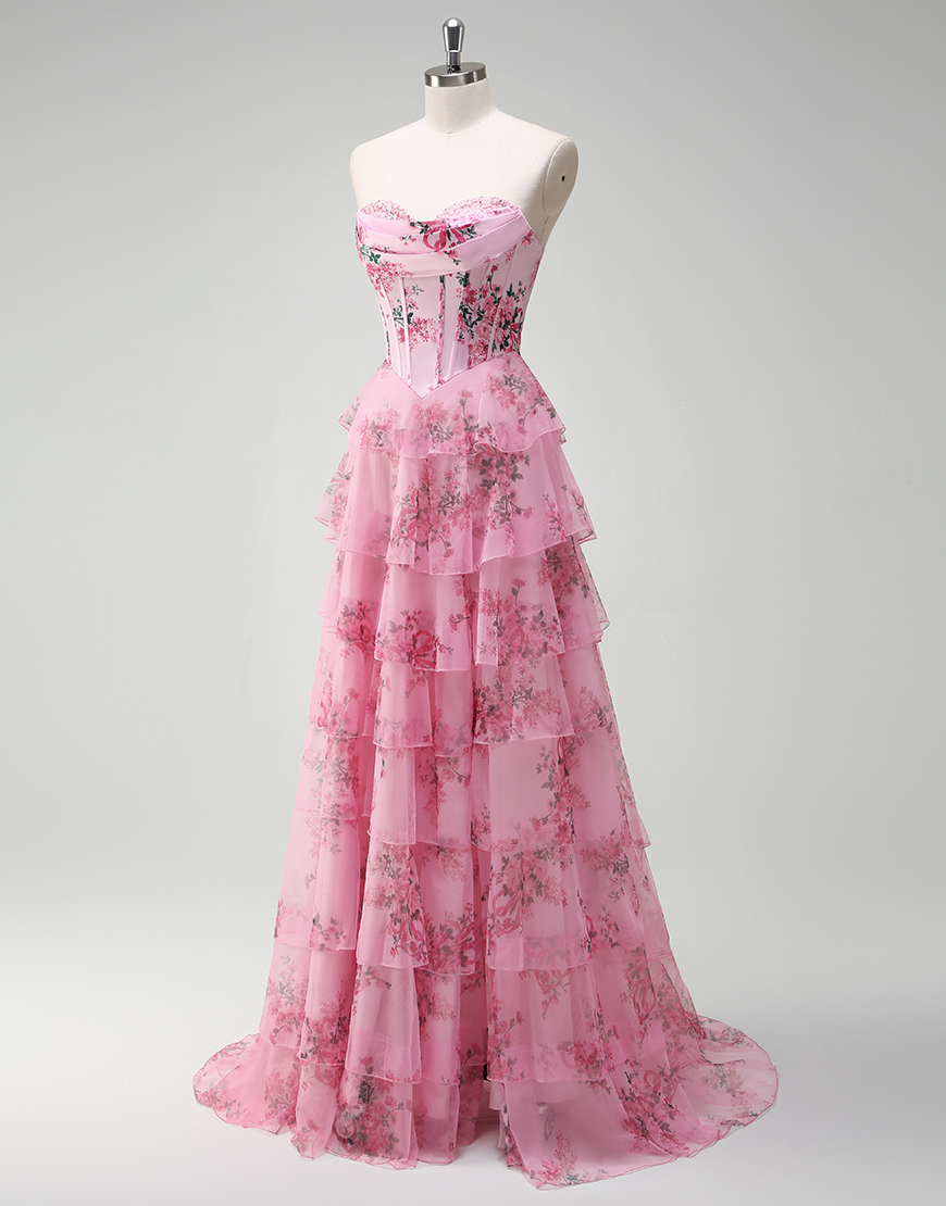 A-Line Blush Flower Strapless Corset Tiered Tulle Long Prom Dress with Slit