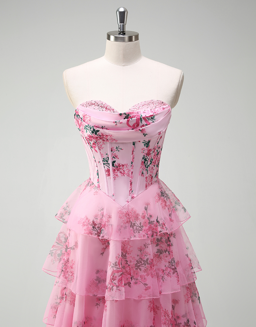 A-Line Blush Flower Strapless Corset Tiered Tulle Long Prom Dress with Slit