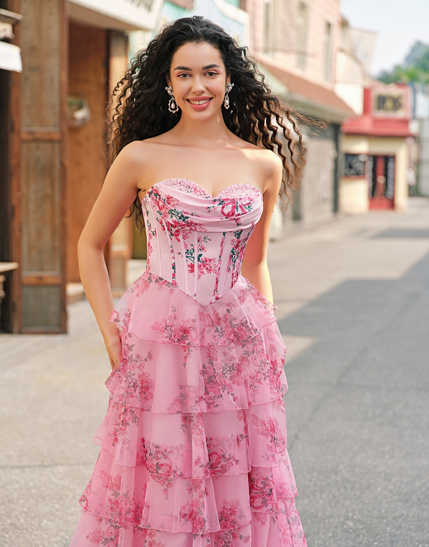 Blush Flower A-Line Strapless Corset Tiered Tulle Long Prom Dress with Slit