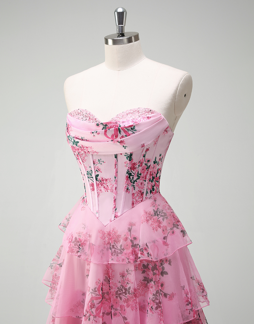 A-Line Blush Flower Strapless Corset Tiered Tulle Long Prom Dress with Slit