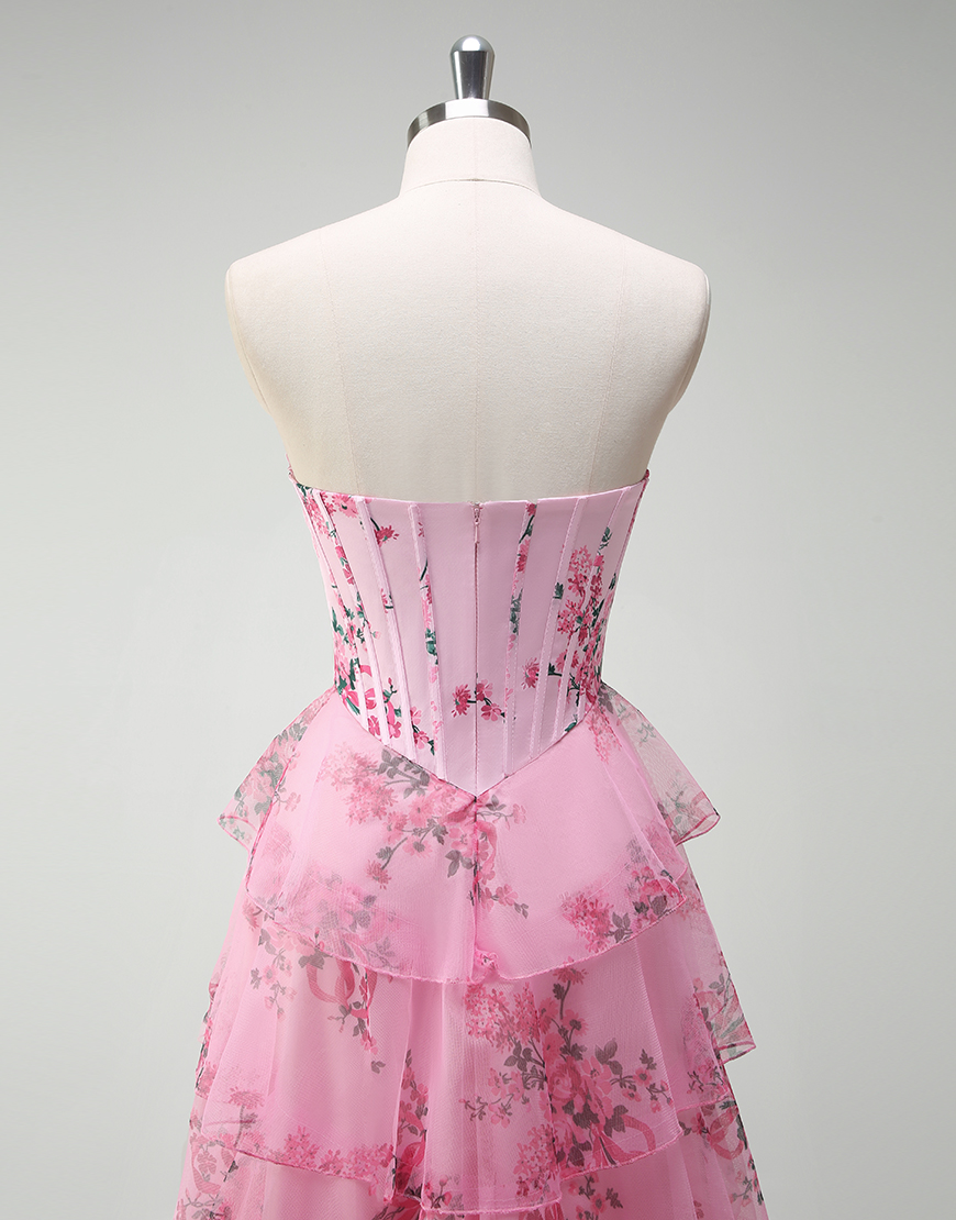 A-Line Blush Flower Strapless Corset Tiered Tulle Long Prom Dress with Slit