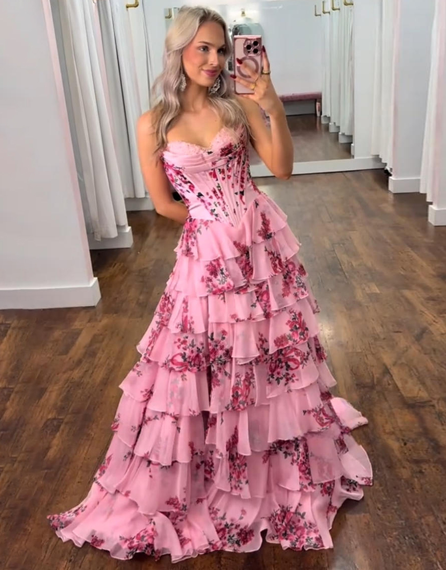 Blush Corset Tiered A-Line Floral Ruffled Strapless Long Prom Dress with Slit