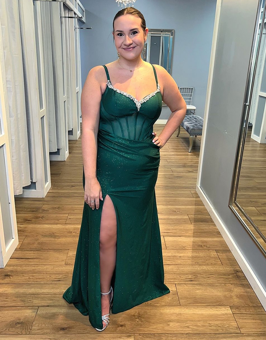 Sparkly Dark Green Mermaid Rhinestones Spaghetti Straps Corset Long Prom Dress with Slit