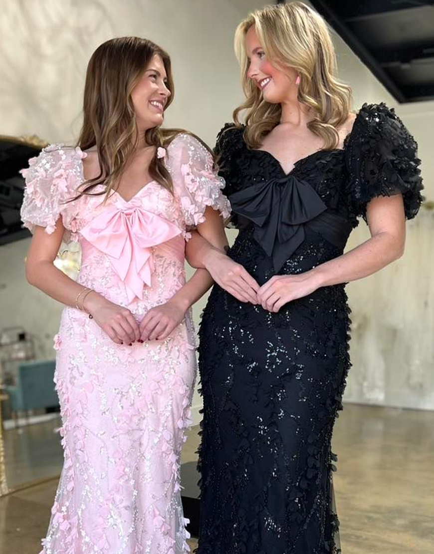 Sparkly Blue Mermaid Puff Sleeves Flowers Long Prom Dress with Bow